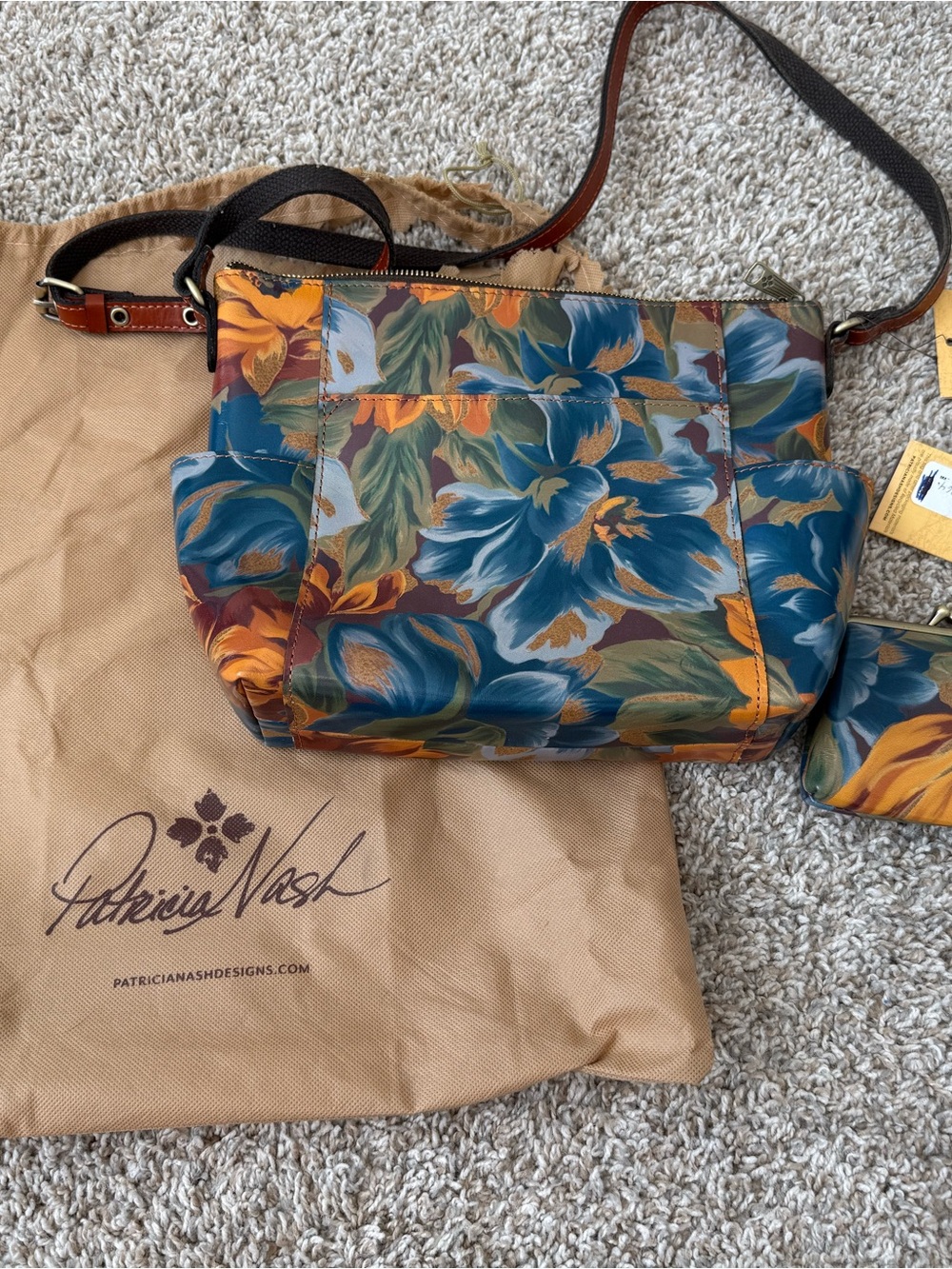 Patricia Nash Teal Blue and Mustard Floral Crossbody Bag AND coin purse